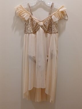 Revolution Dancewear Sheer Champagne Sequin Off-Shoulder Dress XXLC